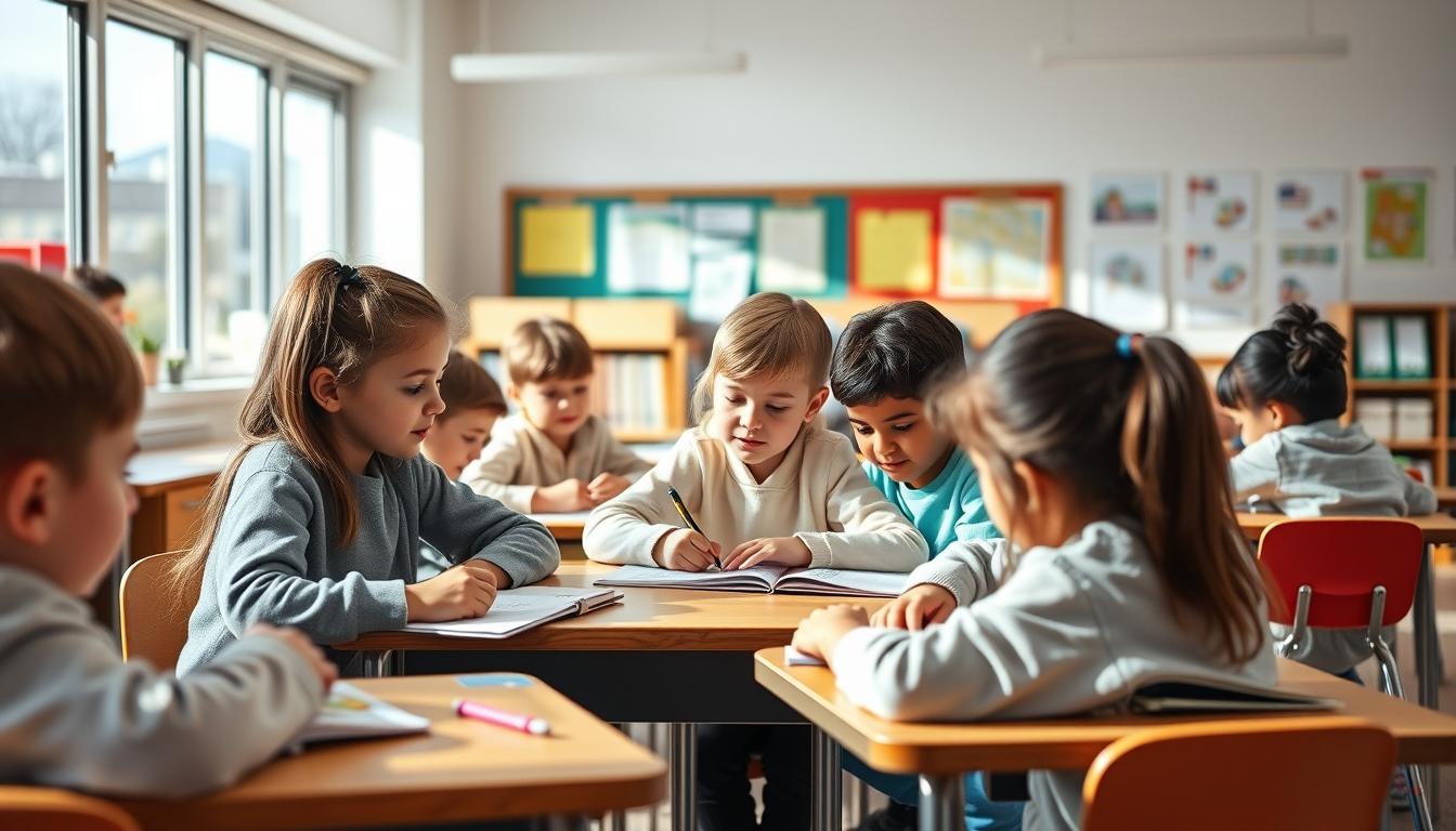 Students studying together in modern classroom